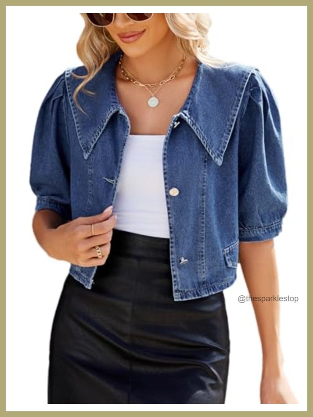 Womens Cropped Denim Jacket Short Puff Sleeves Button Down Trucker Coat